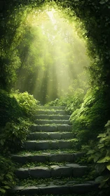 Sunlit forest staircase quietly climbs toward a hidden clearing