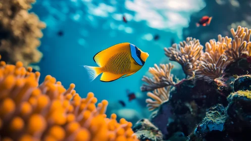 Vibrant butterflyfish gliding through vivid coral reef seascape.