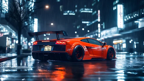 Sleek orange supercar glowing softly in a rainy night city.