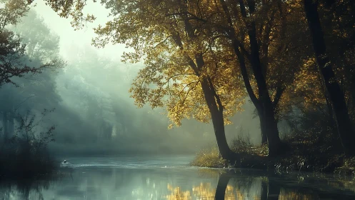 Backlit autumn trees border a misty river in soft morning light