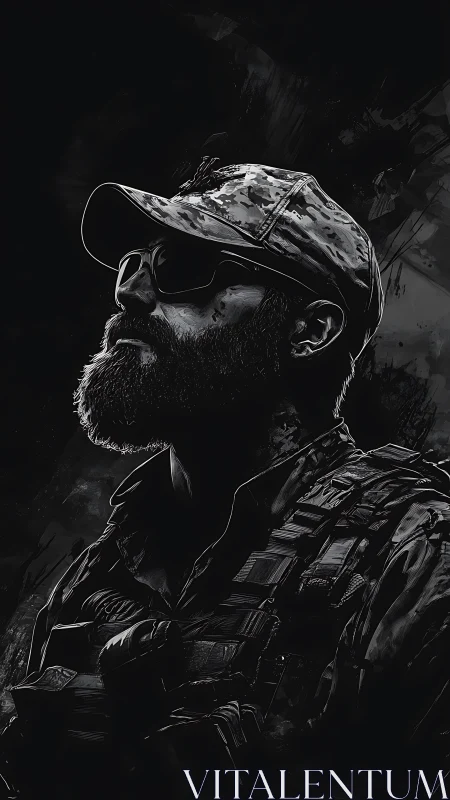 Bearded tactical soldier portrait rendered in high contrast