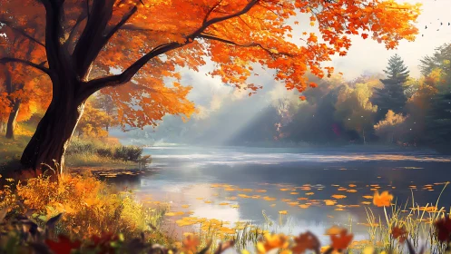 Autumn shoreline with orange foliage over still reflective lake