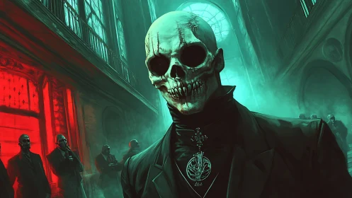 Midnight skull-masked figure commands a haunted cathedral