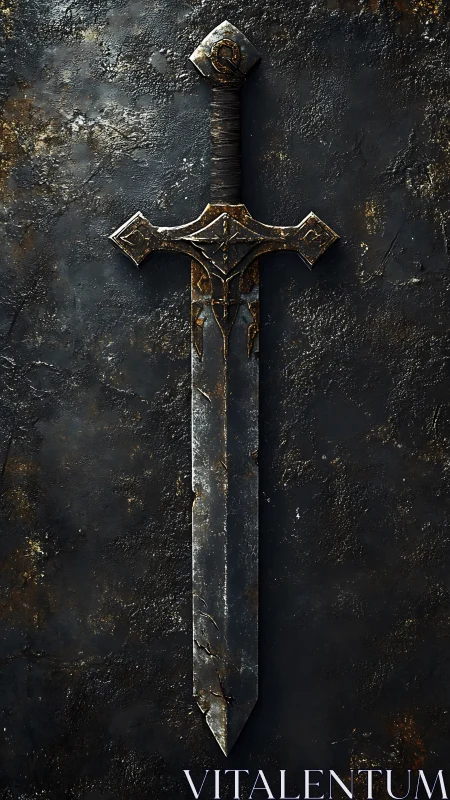 Weathered medieval sword against dark textured wall.