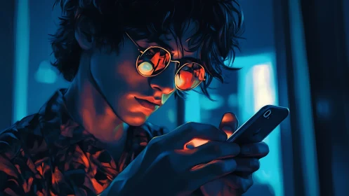 Digital neon portrait with reflective glasses and phone glow.