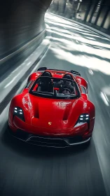 Red convertible sports car moves through a curved tunnel