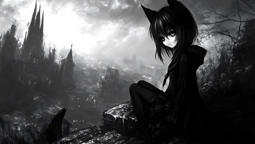 Gothic catgirl overlooks ruined monochrome fantasy cityscape.