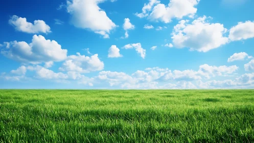 Vast green meadow under vivid blue sky and soft clouds.