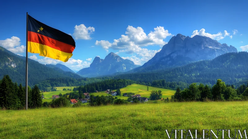 German tricolor flag overlooking vivid alpine valley panorama.
