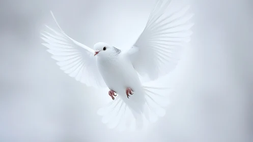 White dove in mid-flight on soft background, minimalistic style.