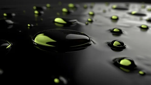 Glossy green droplets glowing softly on inky surface.