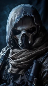 Tactical skull-masked operative in weathered hooded combat rig