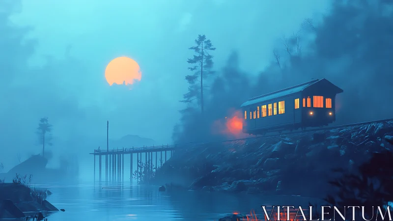 Lone night train crossing misty lakeside rail bridge.