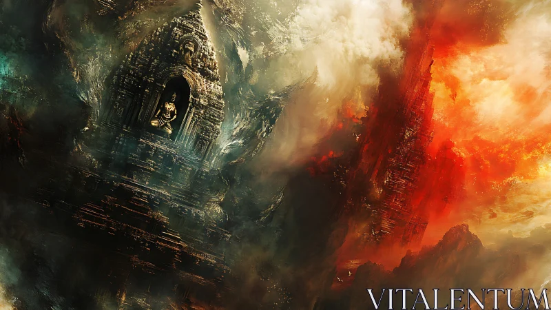 Temple sanctuary in apocalyptic clouds and molten firestorm.