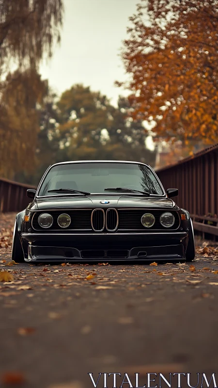 Low-slung classic BMW coupé on autumn bridge perspective.