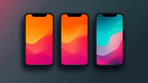 Three smartphones displaying gradient abstract wallpapers with fluid wave transitions