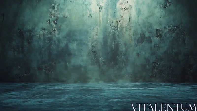 Empty textured concrete room shows worn teal wall and floor