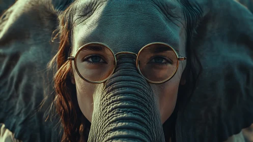 Human face and elephant head merged in tight frontal portrait