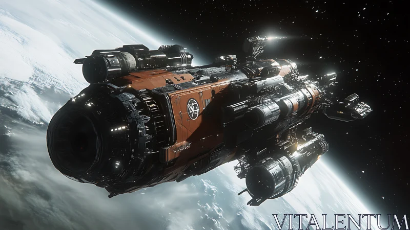 Massive orange starship orbiting Earth in deep space.
