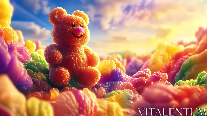 Gummy bear rendered against colorful crystal formations in saturated landscape