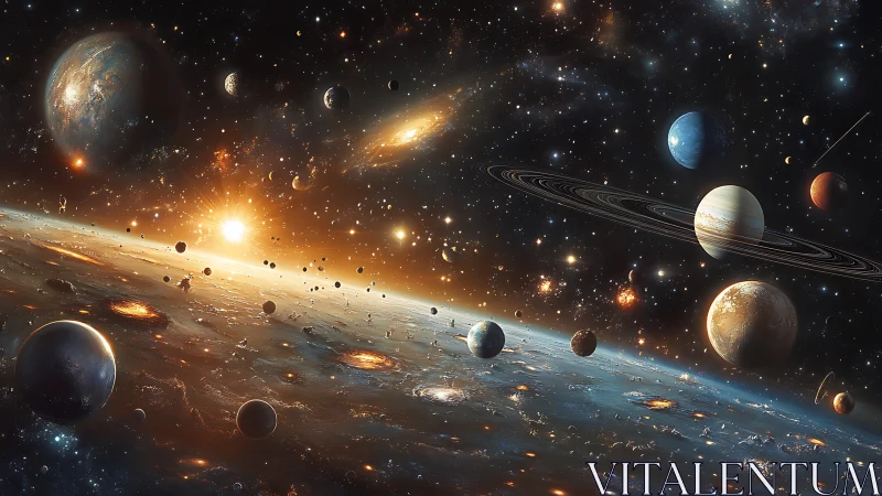 Stellar worlds drift in a glowing galaxy of endless wonder