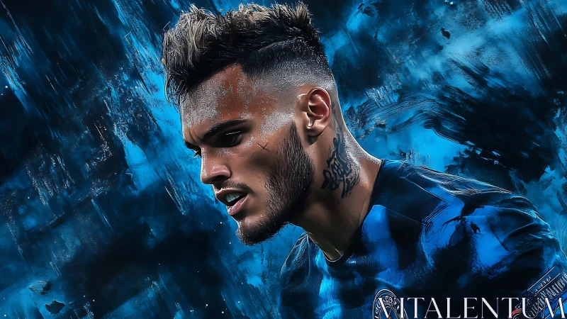 Focused footballer portrait against dynamic blue strokes