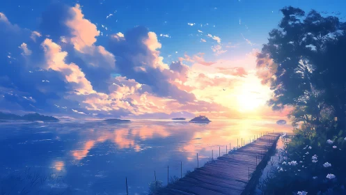 Lakeside wooden pier at radiant painterly sunset glow.