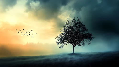 Solitary Tree at Sunrise in Dreamlike Landscape, Surreal Art Style.