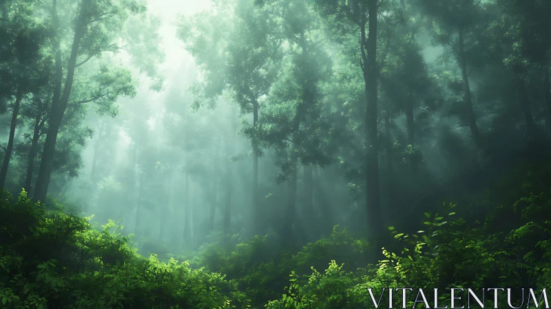 Verdant Cathedral Where Sunlight Dances Through the Misty Canopy
