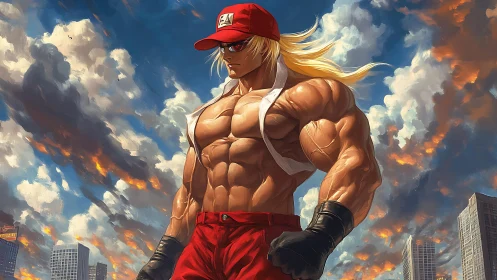 Muscular anime brawler under turbulent metropolitan sky dome.