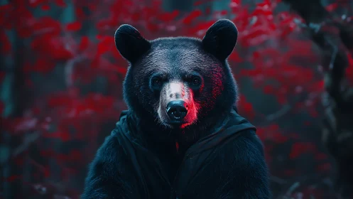 Bioluminescent-lit black bear portrait in neon red forest