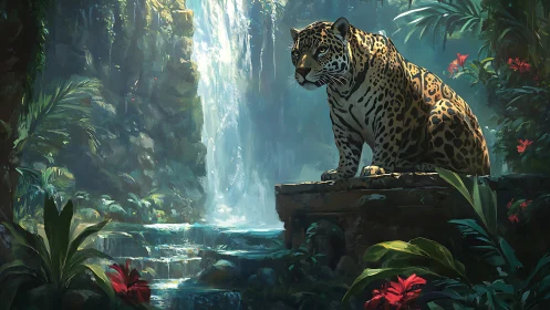 Jaguar specimen positioned on stone platform within lush canyon waterfall environment