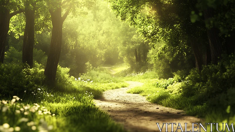 Sunlit forest path curves through dense vibrant greenery