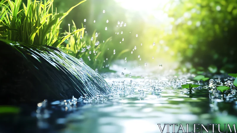 Sunlit stream splashes send gentle sparkles through nature