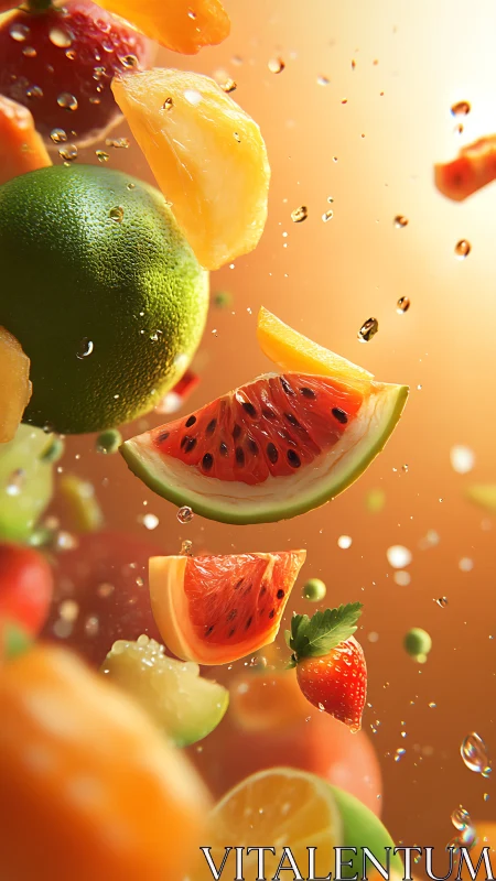 Floating mixed fruit slices in vivid photoreal detail.