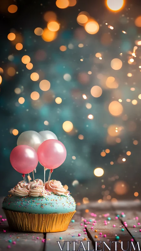 Festive Cupcake with Balloons and Golden Bokeh.