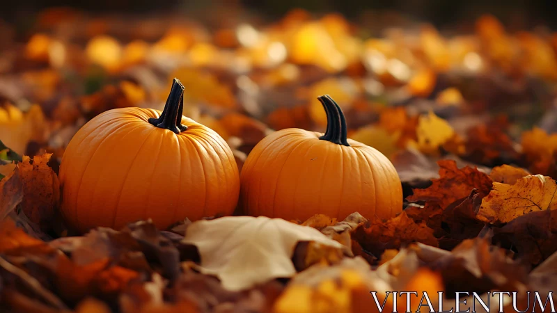 Dual pumpkins amidst defocused autumnal leaf bokeh field.