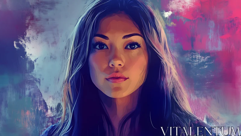 Digital portrait depicts woman against abstract color field