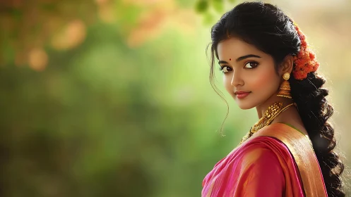 Woman in traditional Indian attire against soft green bokeh.