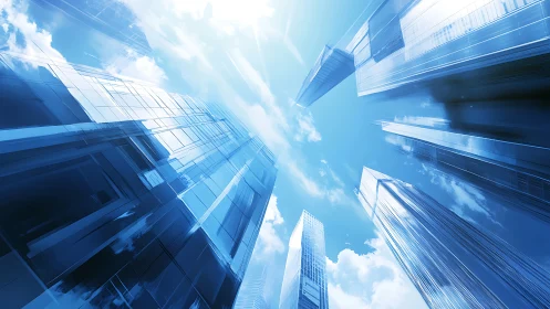 Modern skyscrapers frame brilliant sky through wide-angle perspective composition.