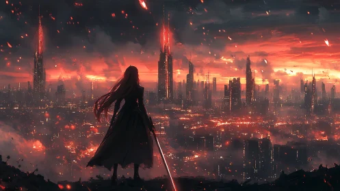 Lone warrior surveys a burning cyberpunk city at dusk.