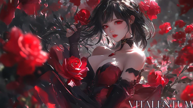 Gothic anime rose maiden in crimson dress portrait.