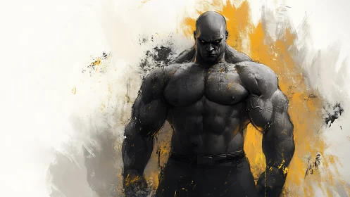 Brooding titan in charcoal armor amid molten ochre storm.