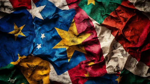 Textured composite of overlapping colorful star flags.