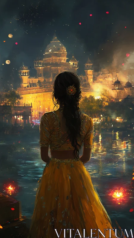 Backlit woman observes illuminated palace across reflective river