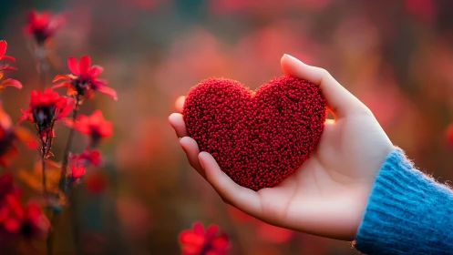 Textured Heart Form Held in Hand Against Botanical Bokeh.