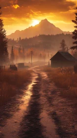 Rural dirt road at misty sunrise beneath distant mountain.