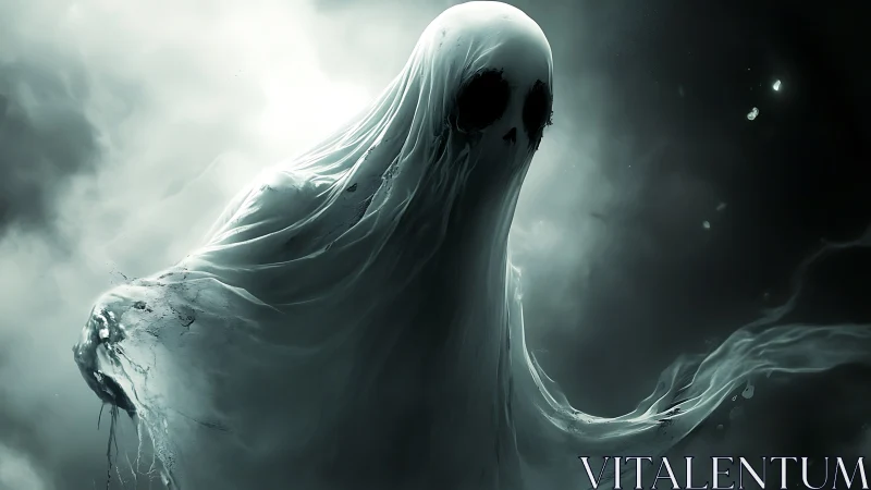 Volumetric spectral wraith in stormlit monochrome mistfield