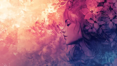Dreamlike floral profile bathed in warm ethereal gradients.