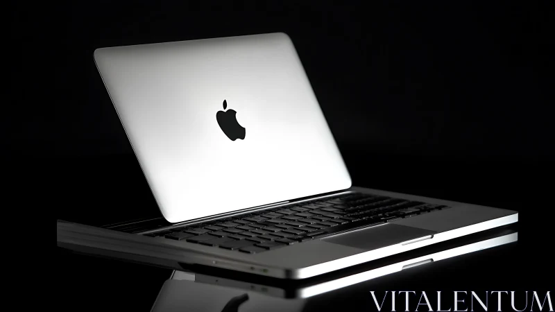 Silver laptop with illuminated logo on reflective surface.